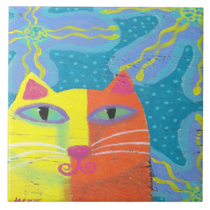 Yellow Cat with Purple Flowers Abstract Painting Tile