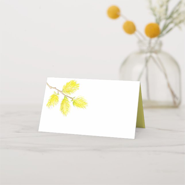 Yellow catkins watercolor wedding place cards (Back)
