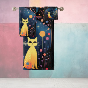 Yellow cats bath towel set
