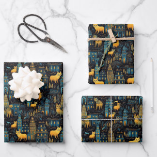 Yellow Cats in The City Night Ai Art Wrapping Paper Sheet