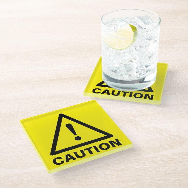 Yellow caution sign cool glass drink coaster (Angled)