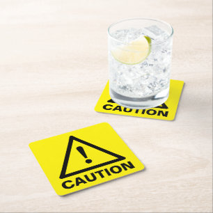 Yellow caution sign warning symbol funny custom square paper coaster