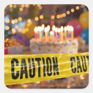 Yellow Caution Tape with Many Birthday Candles Square Sticker