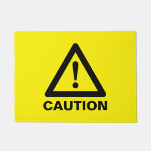 Yellow caution warning sign door mat