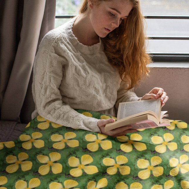 Yellow Celandine Poppy Floral Pattern Fleece Blanket (In Situ Front)