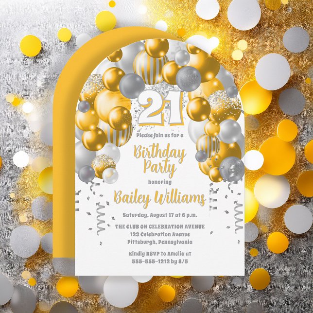Yellow Celebration Balloons 21st Birthday Party Invitation (Golden Yellow, Silver Tone and White Balloon Arch and Confetti 21st Birthday Party Invitation)