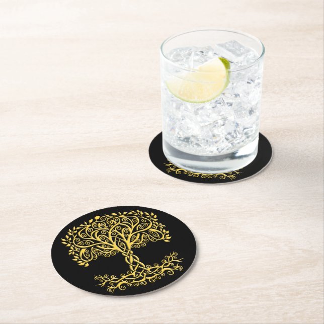 Yellow Celtic Tree Of Life Round Paper Coaster (Insitu)