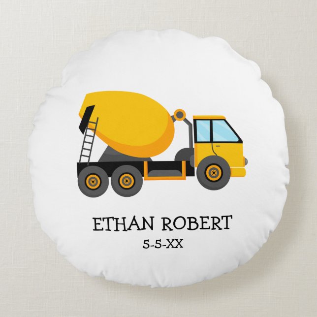 Yellow Cement Construction Truck Custom Little Boy Round Cushion (Front)