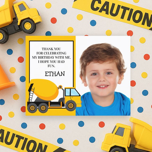 Yellow Cement Truck Birthday Photo Thank You Postcard (Yellow and black construction birthday party photo Thank You card. )