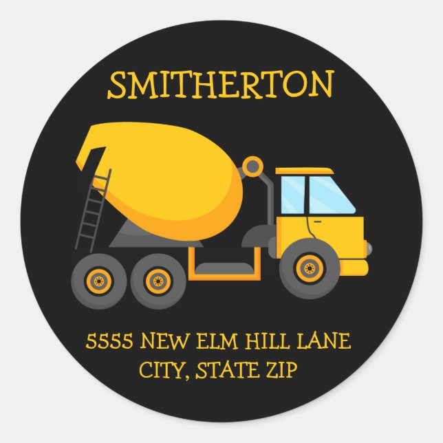 Yellow Cement Truck Child's Birthday Party Address Classic Round Sticker (Front)