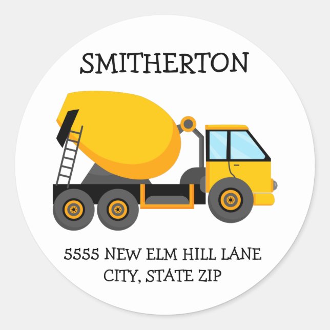 Yellow Cement Truck Child's Birthday Party Address Classic Round Sticker (Front)