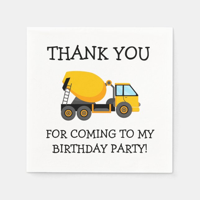 Yellow Cement Truck Child's Birthday Thank You Napkin (Front)
