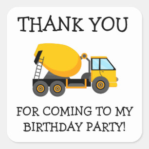 Yellow Cement Truck Child's Birthday Thank You Square Sticker