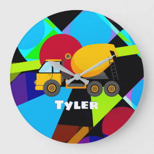 Yellow Cement Truck, Geometric Shapes Child's Name Large Clock