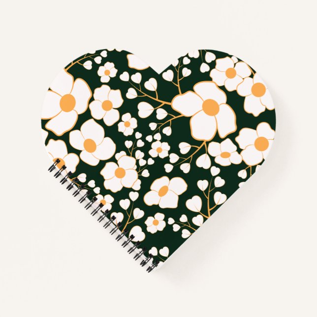 Yellow Centred White Flowers & Green Background Notebook (Front)