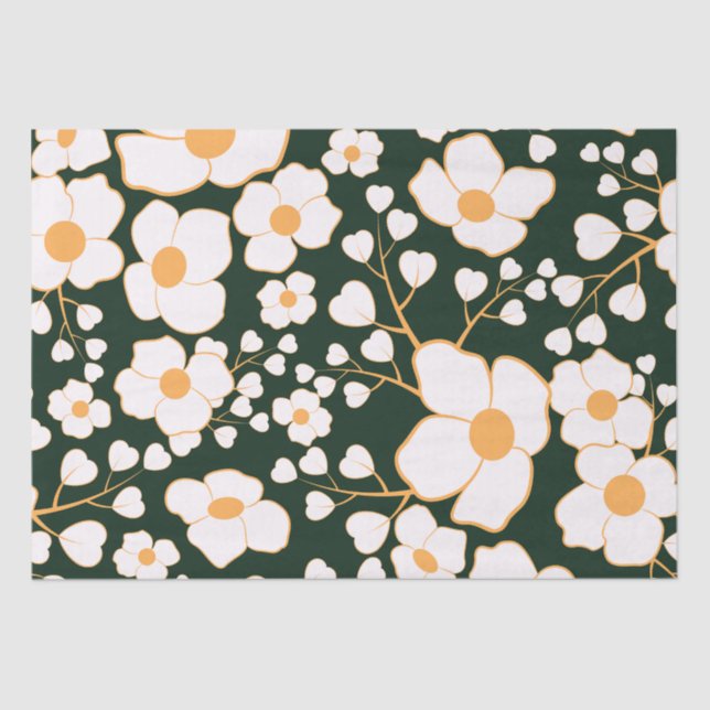 Yellow Centred White Flowers & Green Background Tissue Paper (Front)