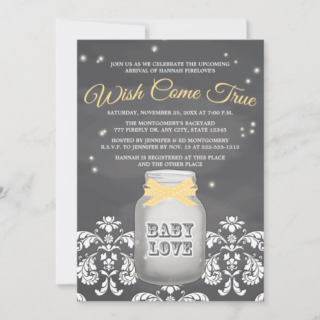 YELLOW Chalkboard Firefly Mason Jar Baby Shower Invitation (Front)
