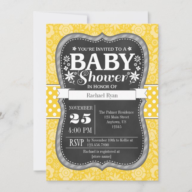 Yellow Chalkboard Floral Baby Shower Invite (Front)