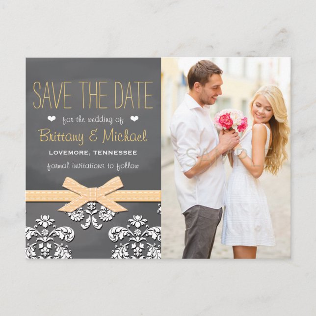 Yellow Chalkboard Lace Bow Save the Date Postcard (Front)