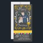 Yellow Chalkboard Merry Christmas Photo Card<br><div class="desc">Merry Christmas holiday photo cards with a chalkboard look background,  lots of yellow swirls and text that reads Merry Christmas,  a string of colourful tree lights in various colours,  yellow hanging ornaments,  and areas you can customise these beautiful and bright holiday photo cards with your photo and names!</div>