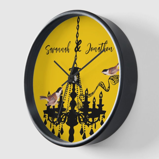 Yellow Chandelier Bird Clock Personalised (Angle)