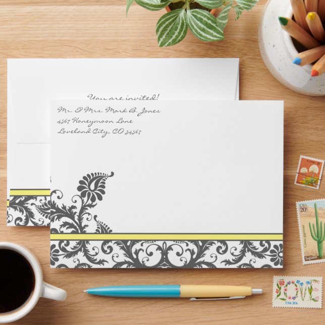 Yellow & Charcoal Grey Damask Wedding Envelopes (Desk)