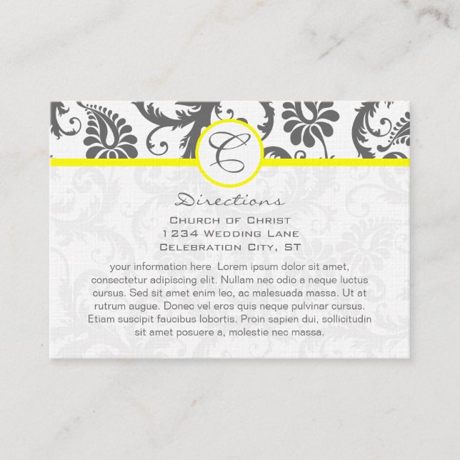 Yellow & Charcoal Grey Damask Wedding Info Cards (Front)
