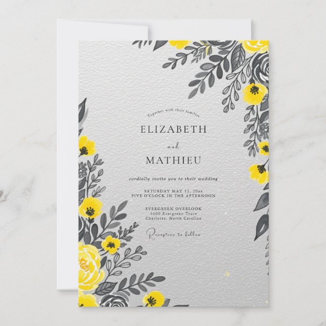 Yellow Charcoal Polished Botanical Wedding Invitation (Front)