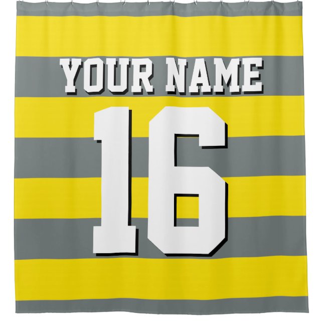 Yellow Charcoal Sports Jersey Preppy Stripe Shower Curtain (Front)