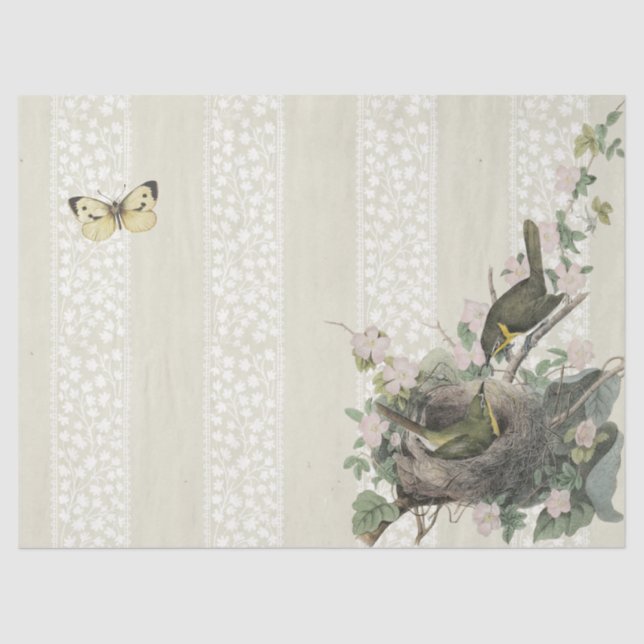 Yellow Chat Bird Nest Butterfly Decoupage Lace Tissue Paper (Front)