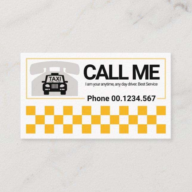 Yellow Checked Border Telephone Taxi Motif Driver  Business Card (Front)