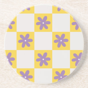 Yellow Checkerboard Floral Pattern – Purple Daisy Coaster