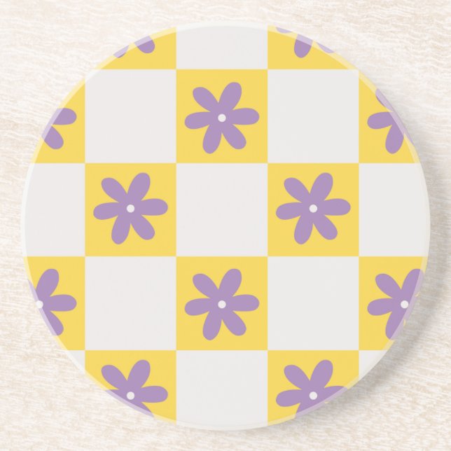 Yellow Checkerboard Floral Pattern – Purple Daisy  Coaster (Front)