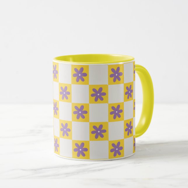 Yellow Checkerboard Floral Pattern – Purple Daisy  Mug (Front Right)