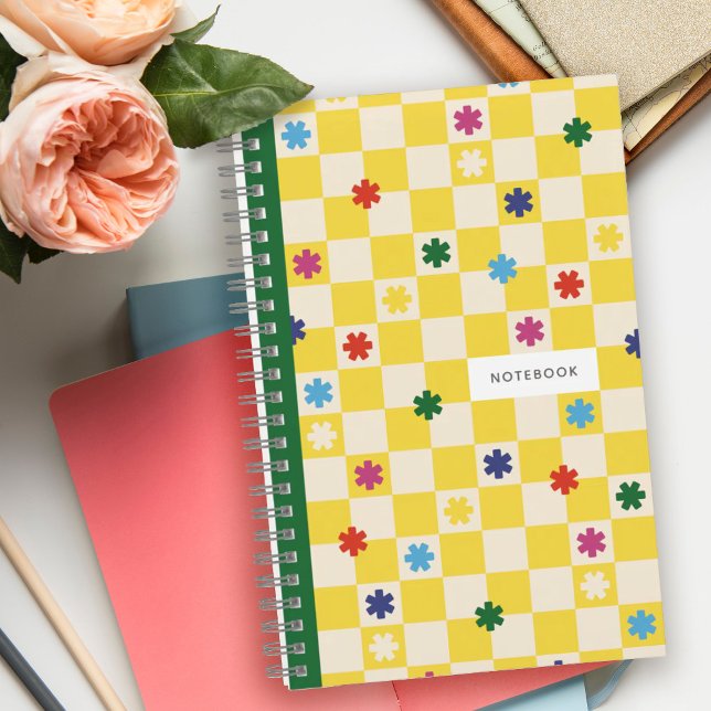 Yellow Checkerboard Pattern Stars Flowers Notebook (Creator Uploaded)