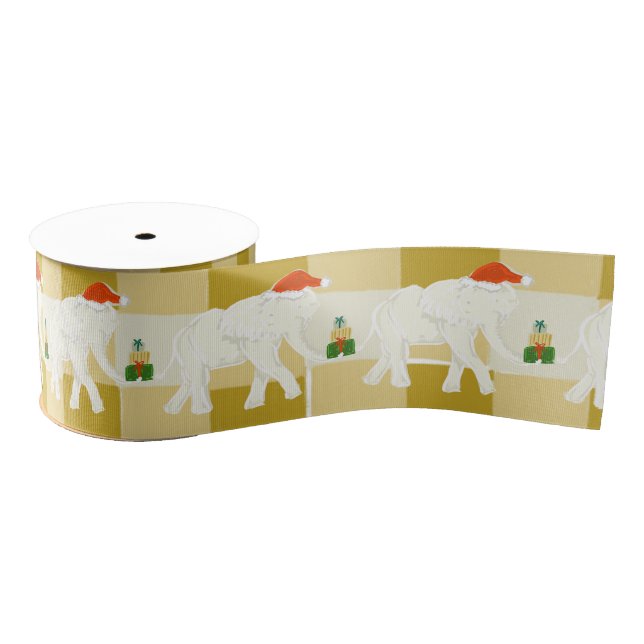 Yellow Checkered White Elephant Christmas Party Grosgrain Ribbon (Spool)