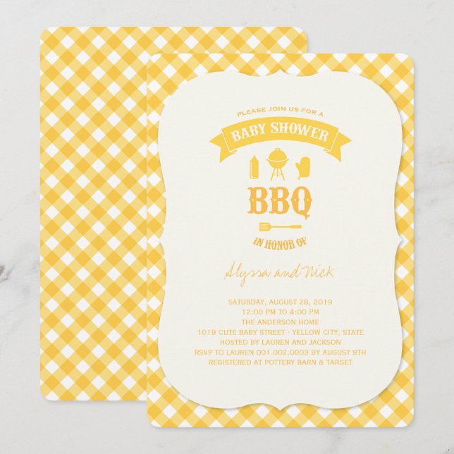 Yellow Checks BBQ Neutral Baby Shower Summer Party Invitation (Front/Back)