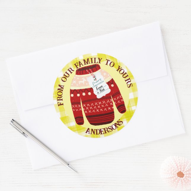 Yellow Checks Ugly Sweater Names Merry Christmas Classic Round Sticker (Envelope)