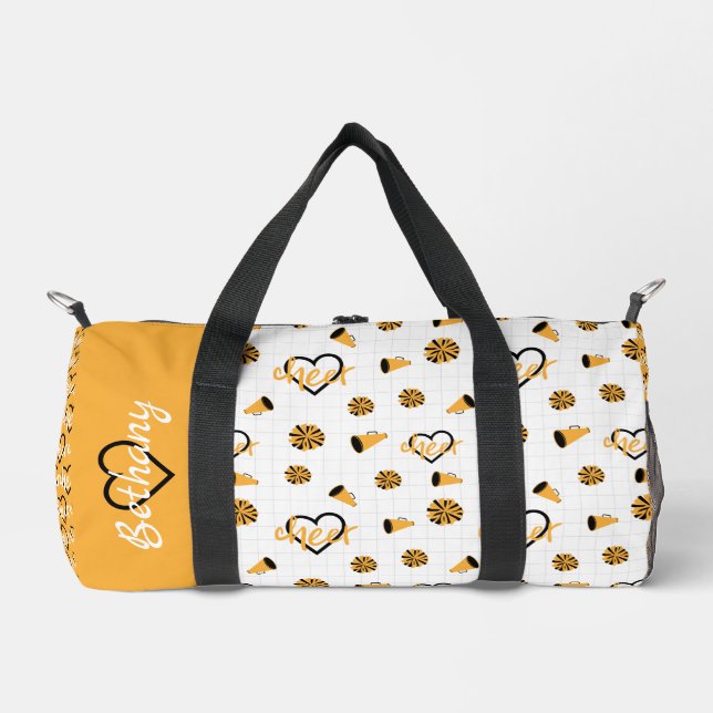 Yellow Cheer Hearts, Pom Poms, Megaphone Pattern Duffle Bag (Front)
