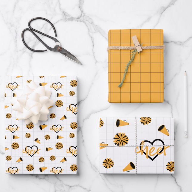 Yellow Cheer Hearts, Pom Poms, Megaphone Pattern Wrapping Paper Sheet (Front)