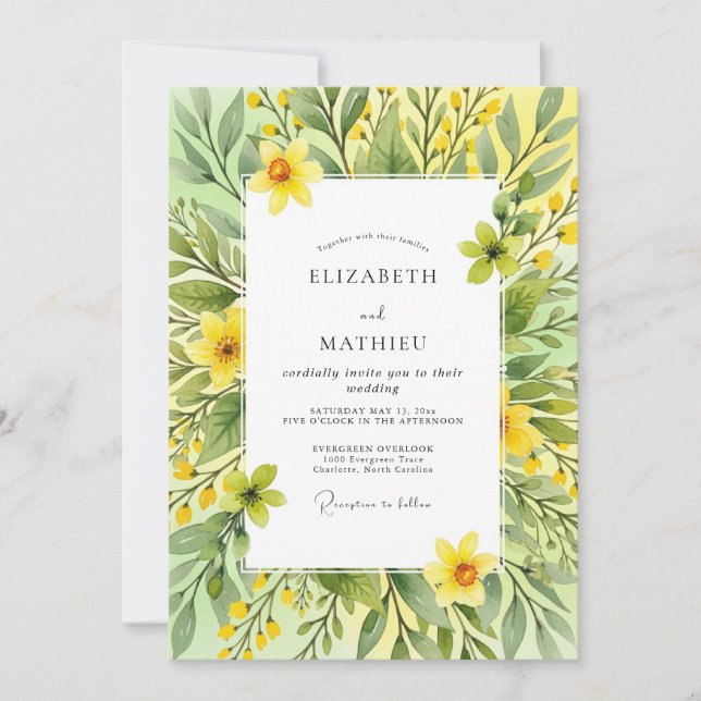 Yellow Cheerful Botanical Spring Wedding Invitation (Front)