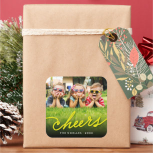 Yellow Cheers Calligraphy Script Photo Holiday Square Sticker