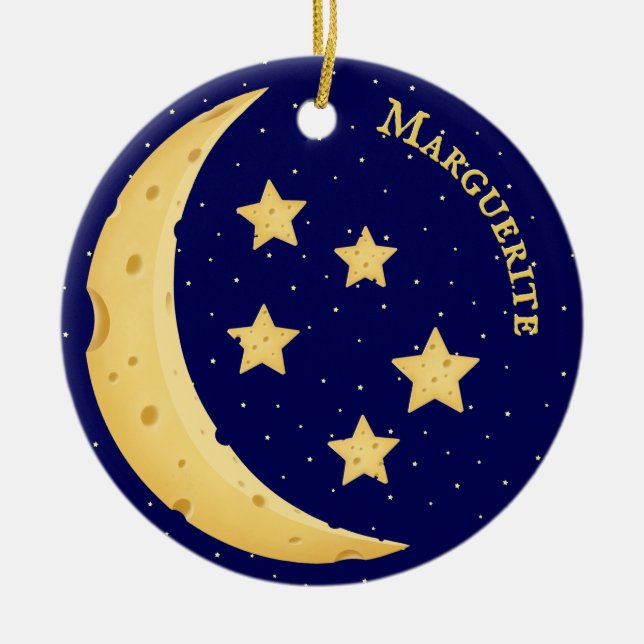 Yellow Cheese Moon & Stars Personalized Celestial Ceramic Tree Decoration (Front)