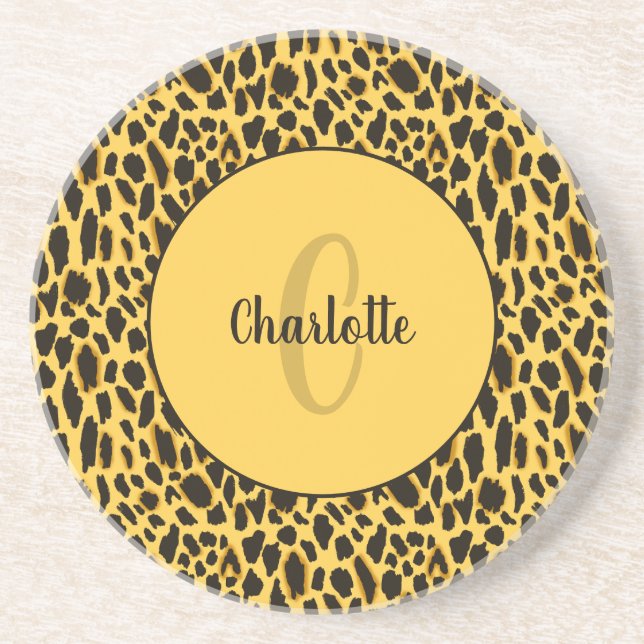 Yellow Cheetah Print Black Spots Animal Pattern Coaster (Front)