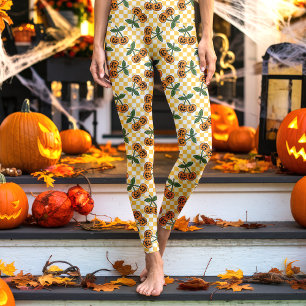 Yellow Chequerboard Cherry Pumpkins Pattern Leggings