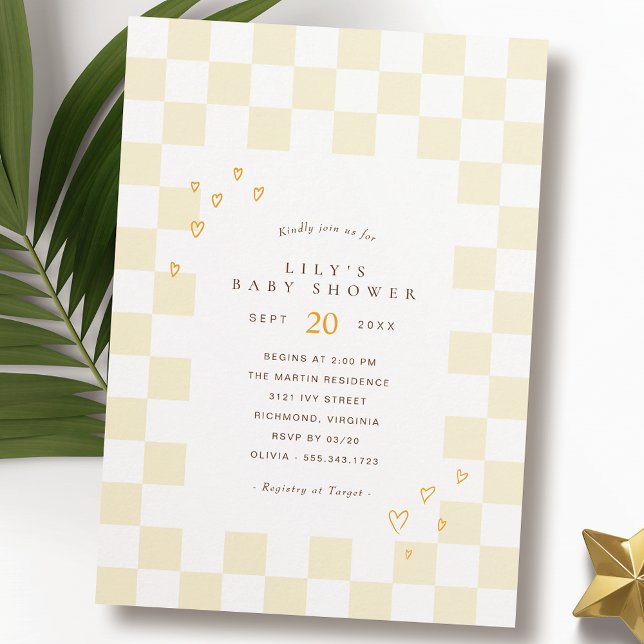 Yellow Chequerboard | Neutral Retro Baby Shower Invitation (Creator Uploaded)