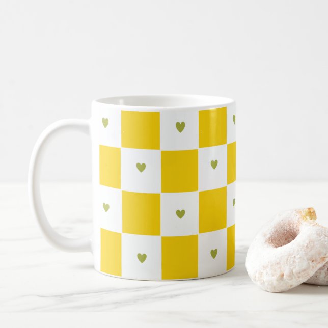 Yellow Chequered with Green Heart Mug (With Donut)