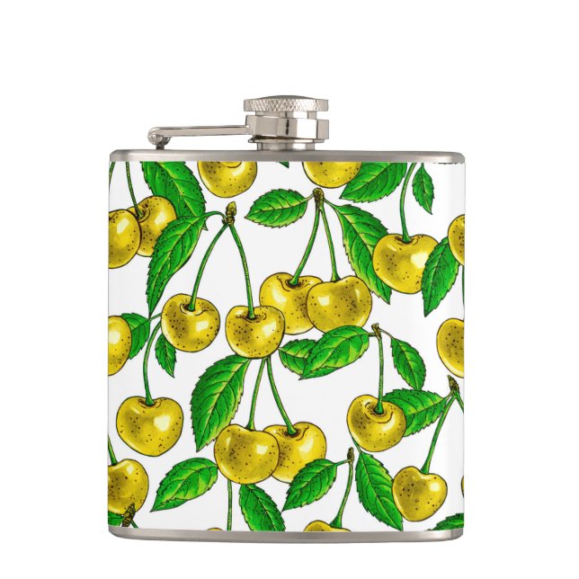 Yellow cherries on white hip flask (Front)