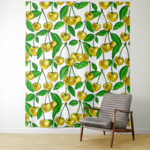 Yellow cherries on white tapestry