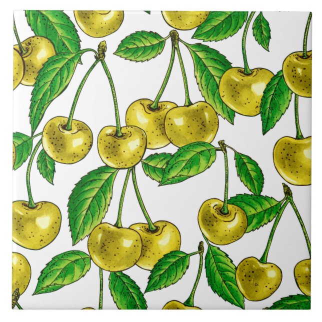 Yellow cherries on white tile (Front)